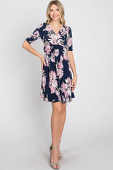 Navy Blue Floral Wrap Front Dress