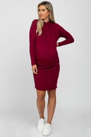 Burgundy Ruched Hooded Maternity Dress