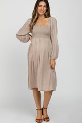 Beige Polka Dot Square Neck Smocked Maternity Midi Dress