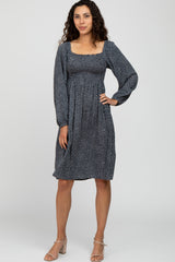 Charcoal Polka Dot Square Neck Smocked Maternity Midi Dress