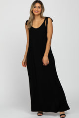 Black Tie Strap Side Slit Maternity Maxi Dress