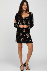 Black Floral Long Sleeve Smocked Mini Dress