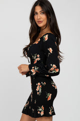 Black Floral Long Sleeve Smocked Mini Dress