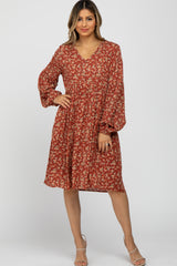 Rust Floral Long Sleeve Maternity Dress