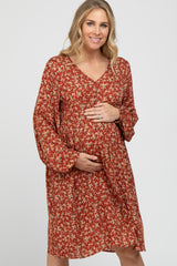 Rust Floral Long Sleeve Maternity Dress