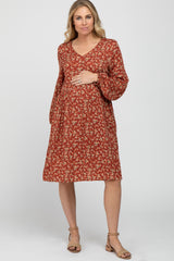 Rust Floral Long Sleeve Maternity Dress