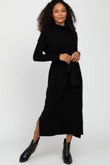 Black Turtleneck Tied Waist Midi Sweater Dress