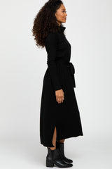 Black Turtleneck Tied Waist Midi Sweater Dress