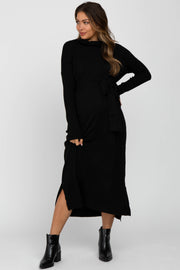 Black Turtleneck Tied Waist Maternity Midi Sweater Dress