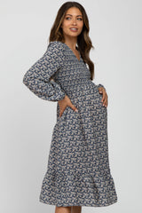 Blue Floral Smocked Maternity Dress