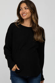 Black Waffle Knit Round Hem Maternity Top