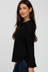 Black Waffle Knit Round Hem Top