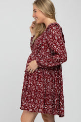 Burgundy Floral Ruffle Tiered Maternity Dress