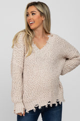 Beige V-Neck Distressed Maternity Sweater