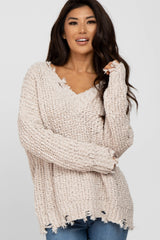 Beige V-Neck Distressed Maternity Sweater