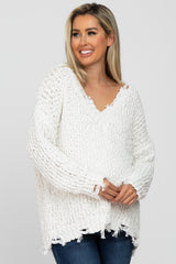 Ivory V-Neck Distressed Maternity Sweater