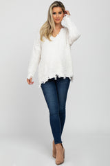 Ivory V-Neck Distressed Maternity Sweater