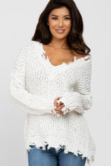 Ivory V-Neck Distressed Maternity Sweater