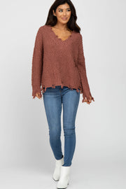 Camel V-Neck Distressed Sweater