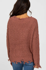 Camel V-Neck Distressed Sweater