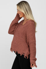 Camel V-Neck Distressed Maternity Sweater