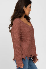 Camel V-Neck Distressed Sweater