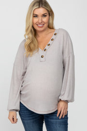 Grey Waffle Knit Button Accent Maternity Top