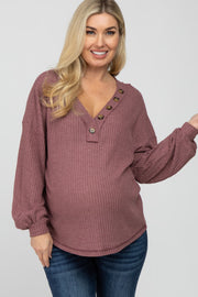 Dark Mauve Waffle Knit Button Accent Maternity Top