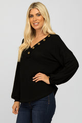 Black Waffle Knit Button Accent Top