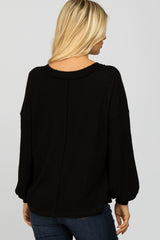 Black Waffle Knit Button Accent Top