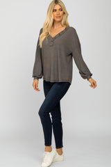 Charcoal Waffle Knit Button Accent Top