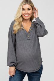 Charcoal Waffle Knit Button Accent Maternity Top