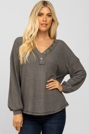 Charcoal Waffle Knit Button Accent Top