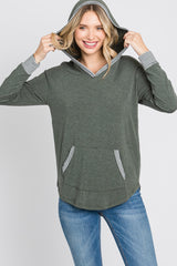 Olive Striped Round Hem Hooded Top