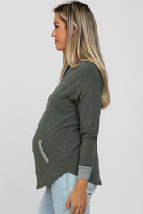 Olive Striped Round Hem Hooded Maternity Top