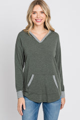 Olive Striped Round Hem Hooded Maternity Top