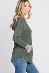 Olive Striped Round Hem Hooded Top