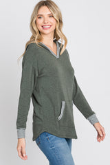 Olive Striped Round Hem Hooded Top