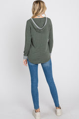 Olive Striped Round Hem Hooded Top