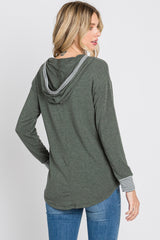 Olive Striped Round Hem Hooded Top