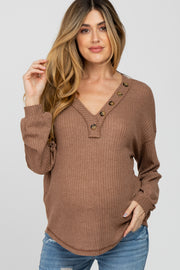 Brown Waffle Knit Button Accent Maternity Top