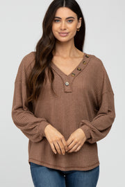 Brown Waffle Knit Button Accent Top