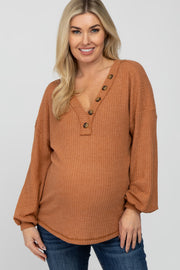 Rust Waffle Knit Button Accent Maternity Top