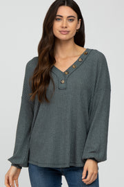 Teal Waffle Knit Button Accent Top