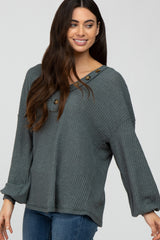 Teal Waffle Knit Button Accent Top