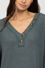 Teal Waffle Knit Button Accent Top