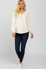 White Waffle Knit Button Accent Top