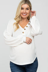 White Waffle Knit Button Accent Maternity Top