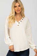 White Waffle Knit Button Accent Top