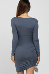 Blue Square Neck Drawstring Side Fitted Maternity Dress